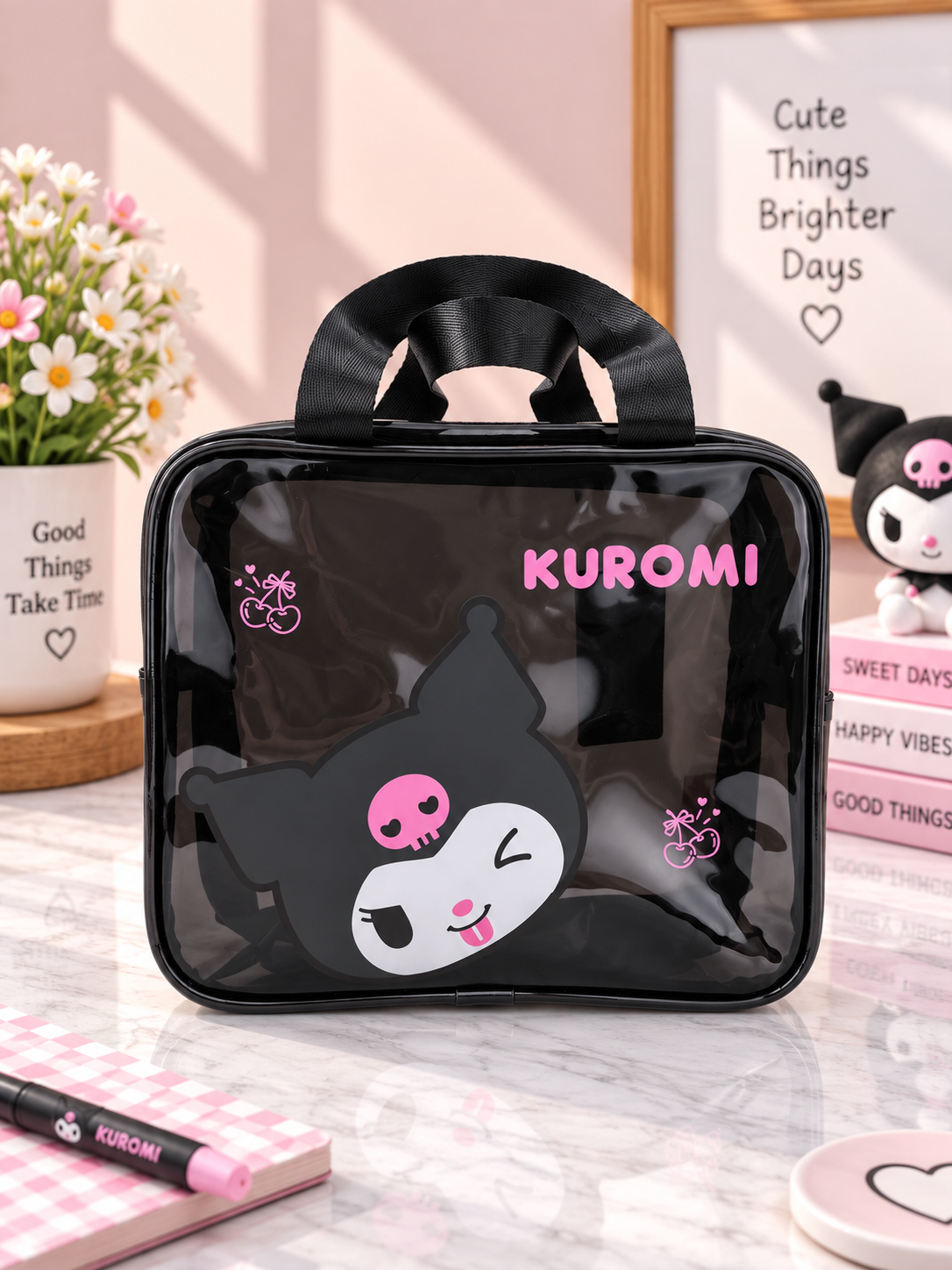 Kuromi transparent square cosmetic bag, black clear front with pink KUROMI logo and cat